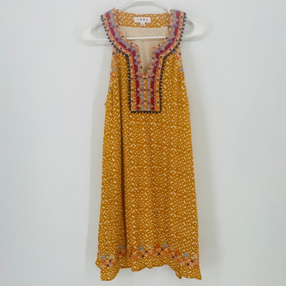THML Mustard‎ Yellow Ikat Print Embroidered Pom Pom Trim Shift Dress size L Boho